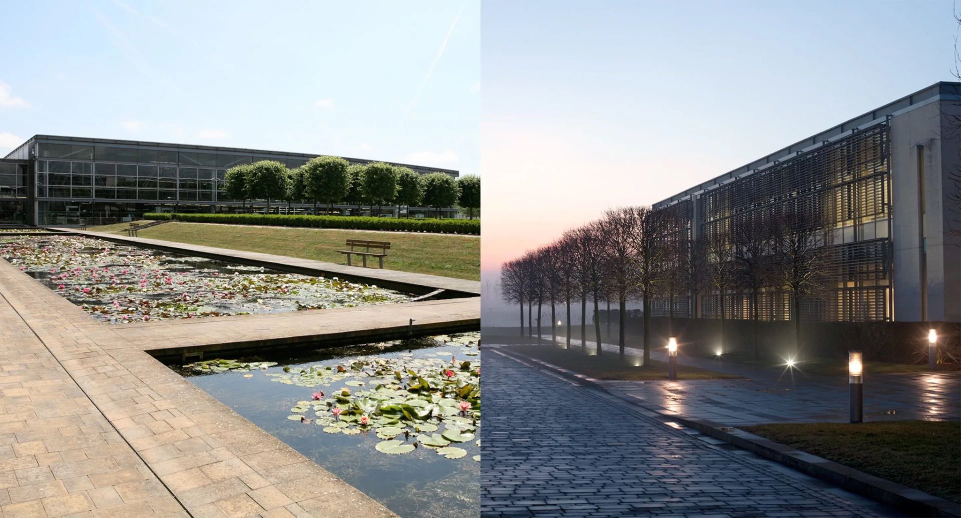 Rolls-Royce Goodwood factory grounds with lily pond and evening view